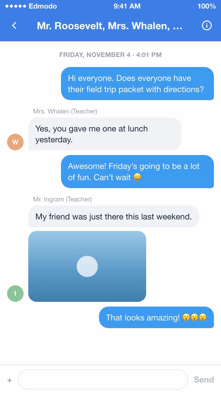 Edmodo for iPhone, 2017, redrawn: a group message between teachers