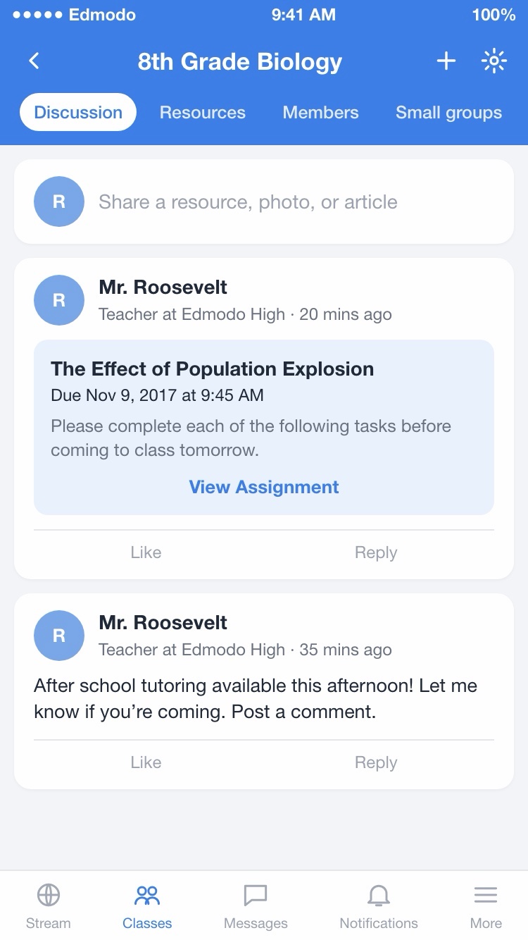 Edmodo for iPhone after the 2017 redesign, redrawn from the App Store screens: a class discussion with an assignment
